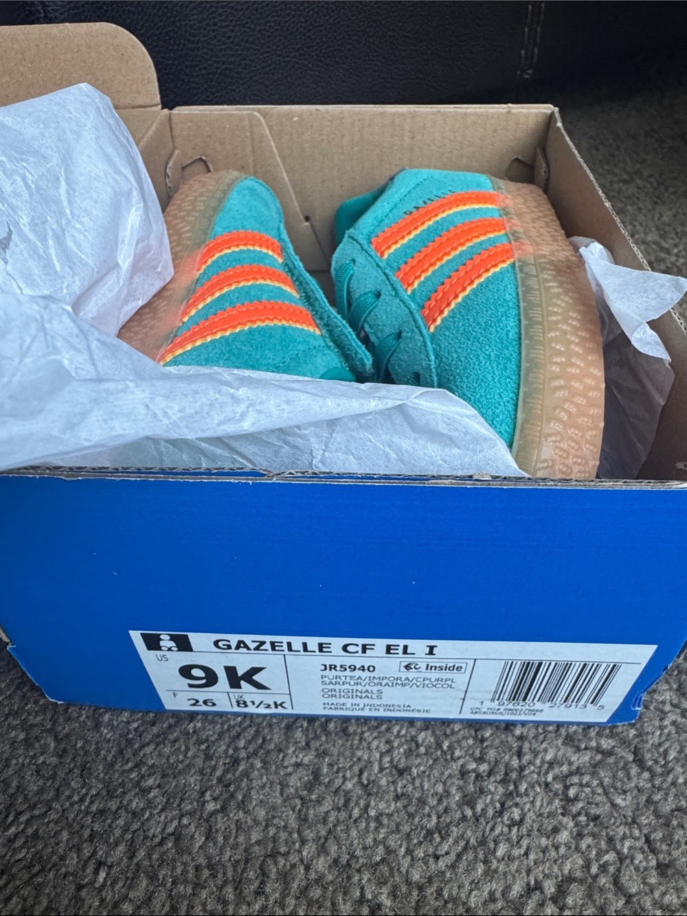 adidas Kids Gazelle CF I Teal Suede Sneakers with Orange Stripes